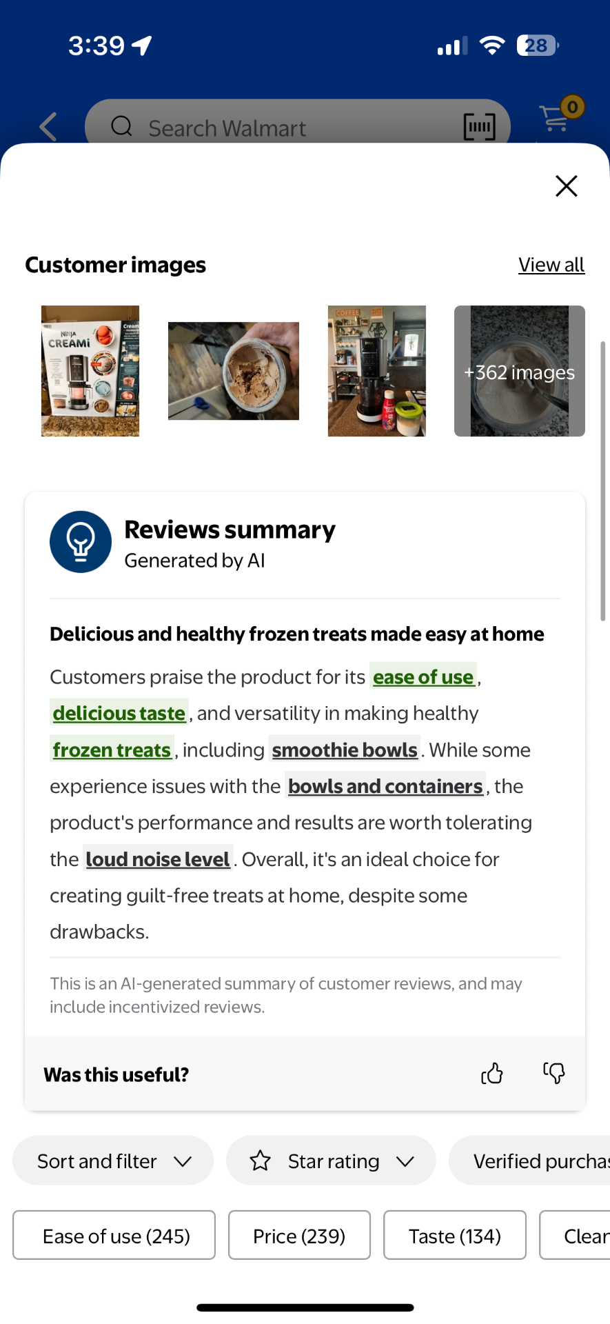 Walmart AI-generated review tags interface