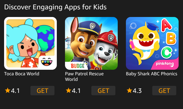 Devices app cards for Toca Boca World, Paw Patrol Rescue World and Baby Shark ABC Phonics, with a star before each rating value and no ratings count.