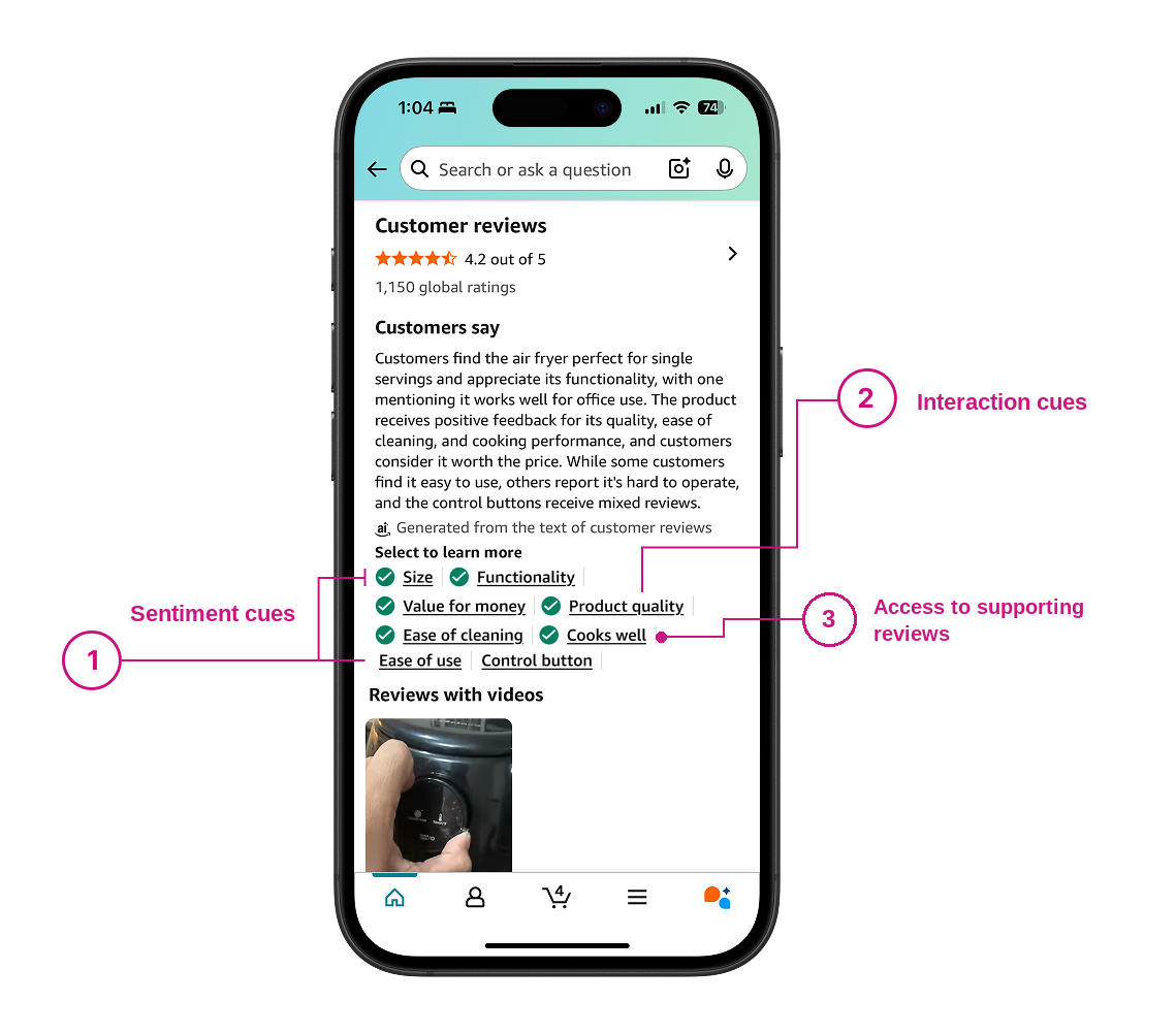 Customer Reviews section on a phone with three numbered callouts: sentiment cues on the tag icons, interaction cues on the tag styling, and a callout marking access to supporting reviews.