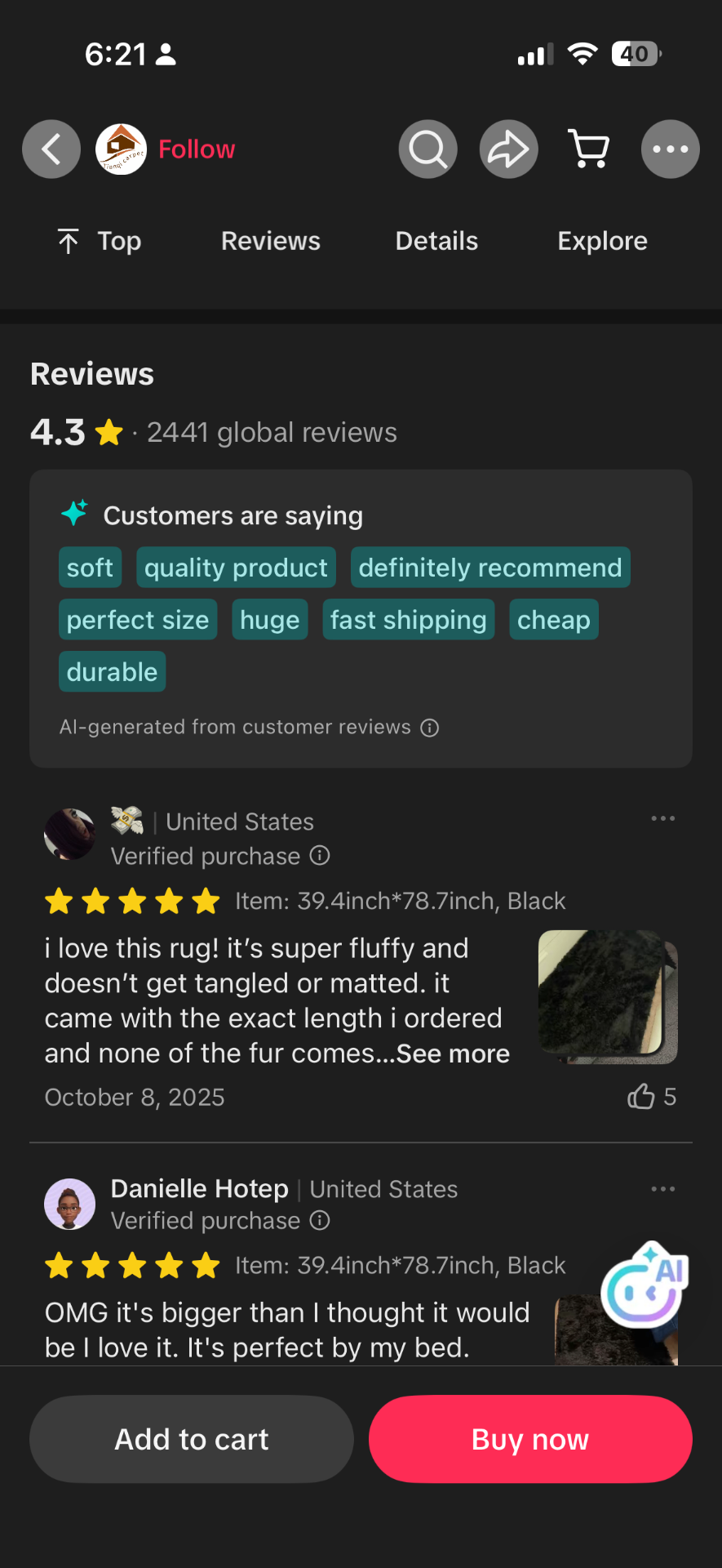 TikTok Shop AI-generated review tags interface