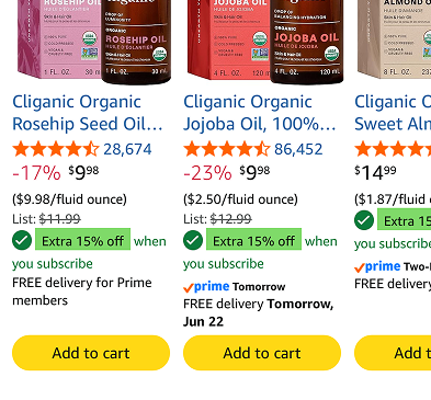 Rio success icon marking active Subscribe & Save discounts in cart.