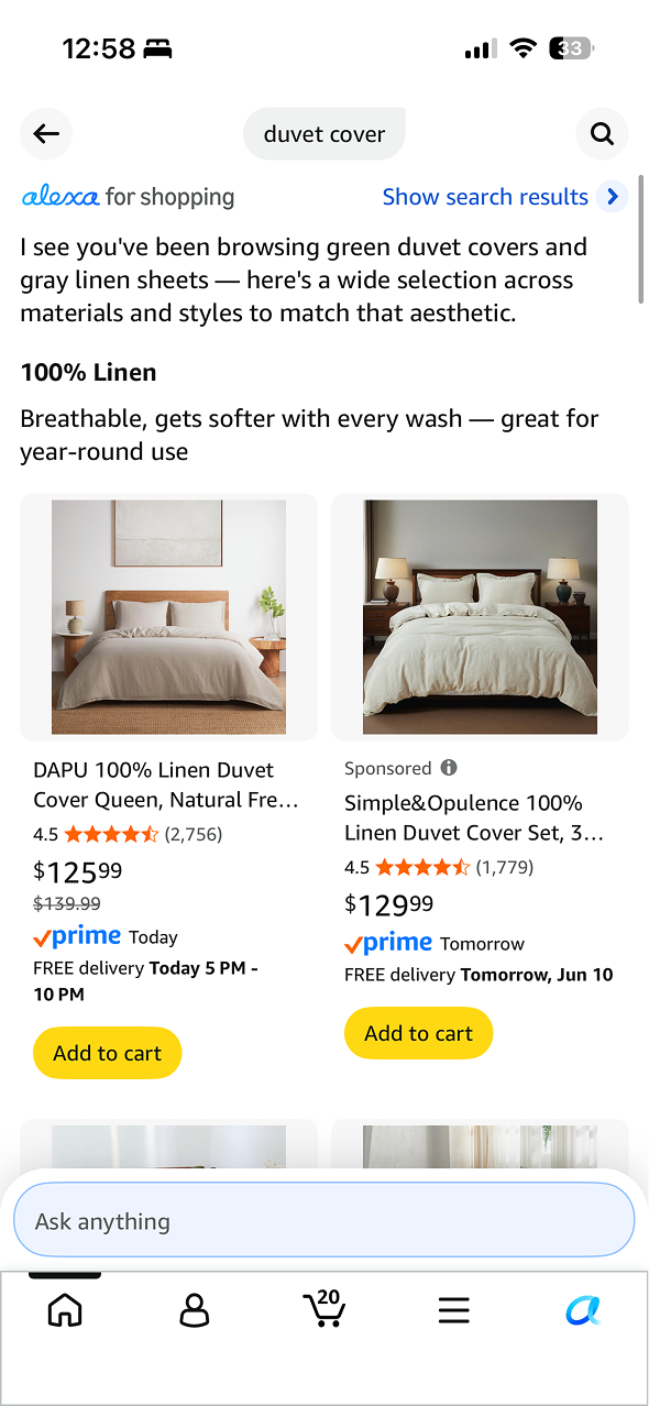 Alexa-assisted duvet-cover recommendations with ratings on individual product cards.