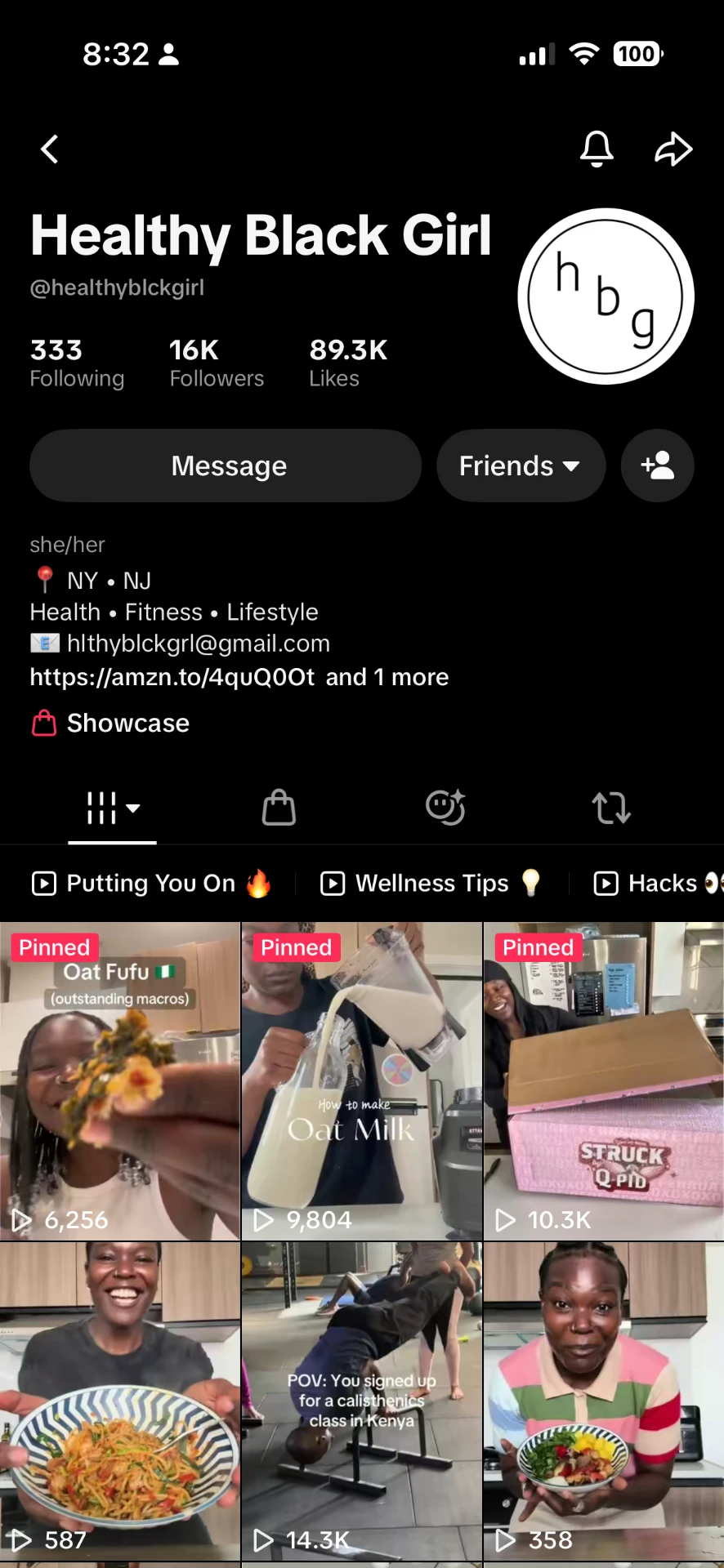 Healthy Black Girl TikTok profile page showing 16.4K followers and a grid of fitness videos