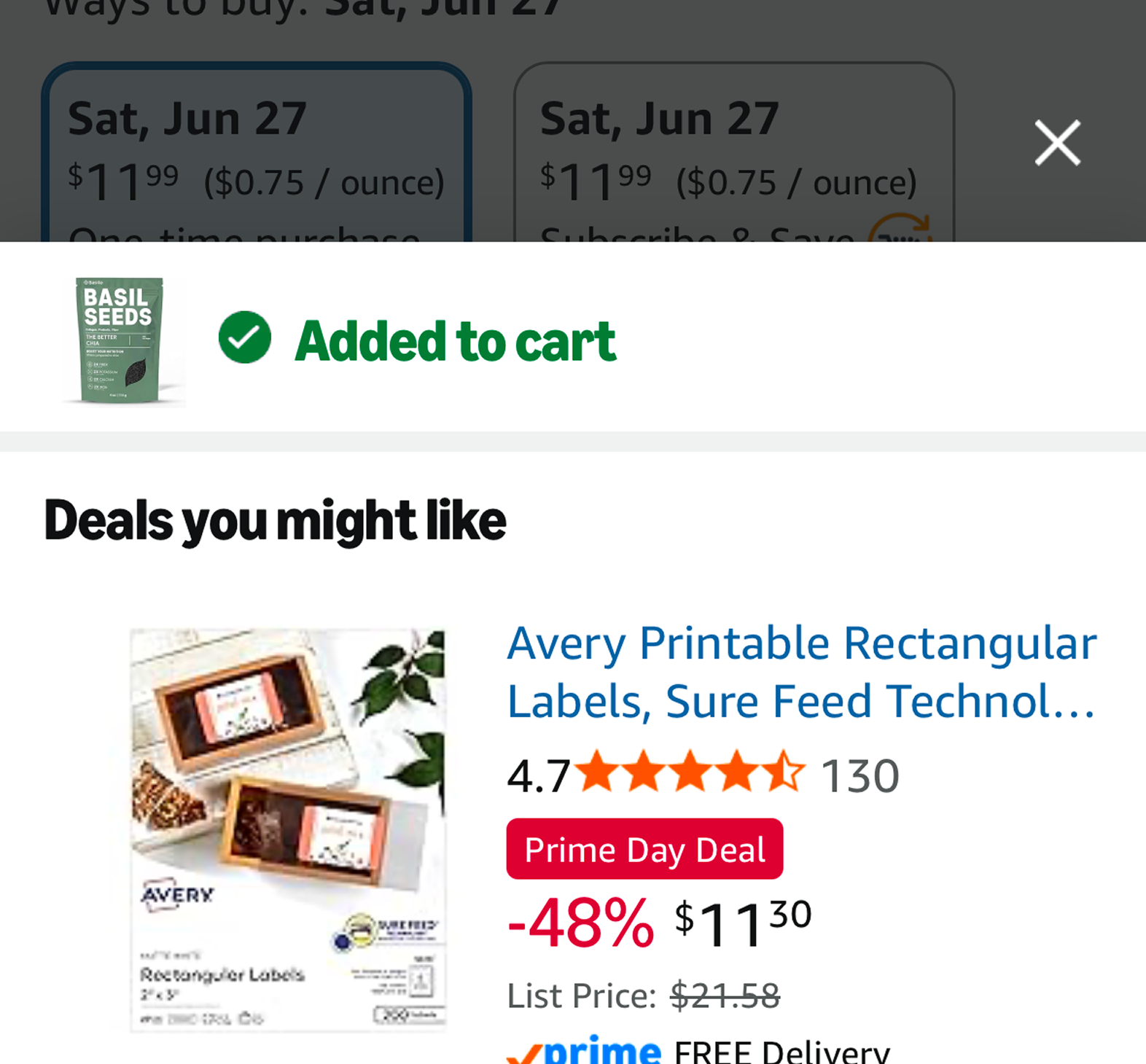 Rio success alert confirming an item was added to cart.