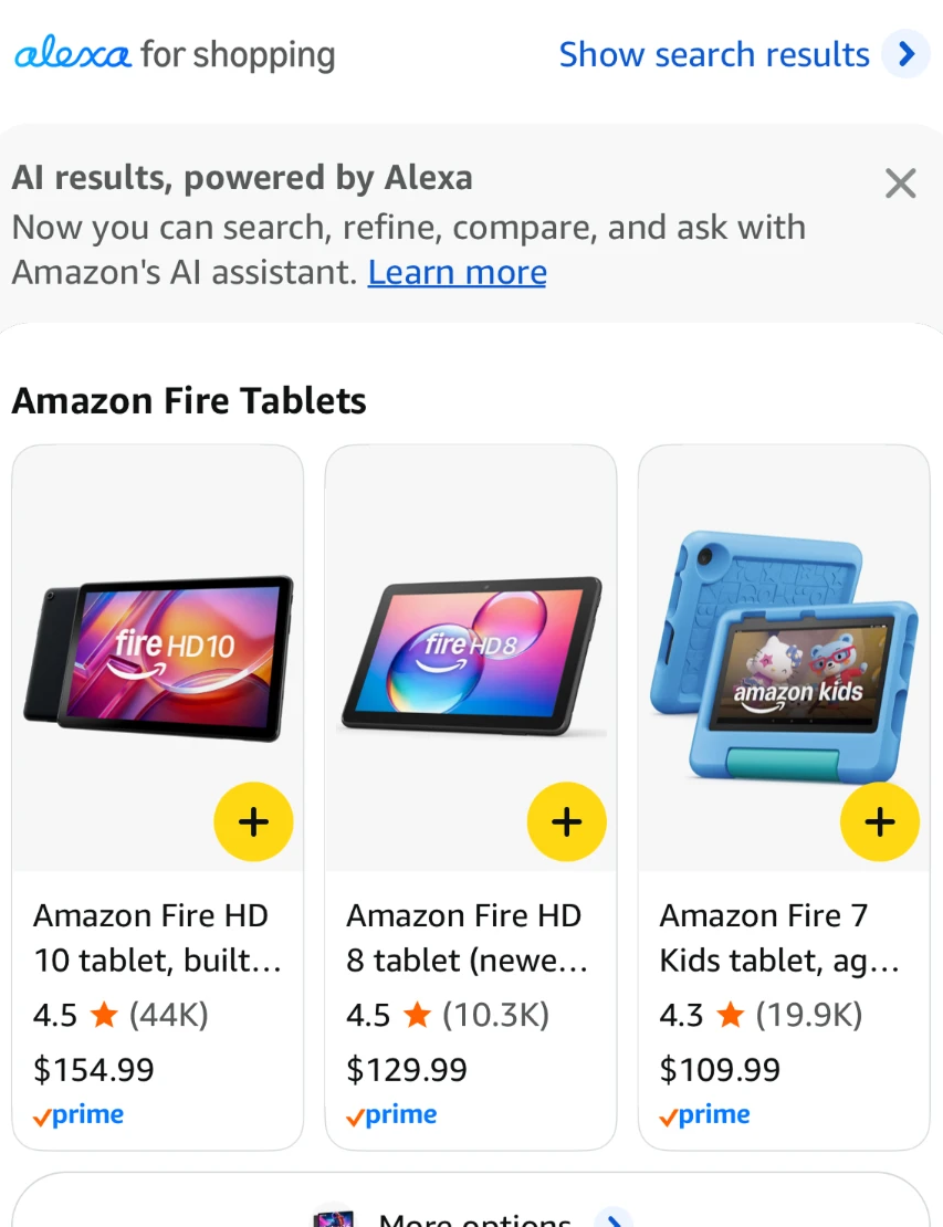 Alexa for shopping with three compact tablet cards, each showing a numeric score, one star and a count.