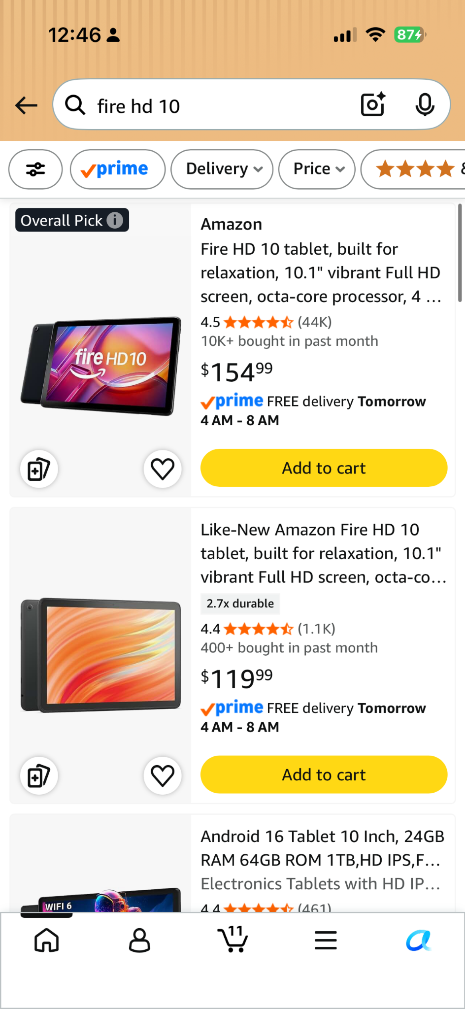 Amazon search results showing the Fire HD 10 with the rating value, stars and an abbreviated count.
